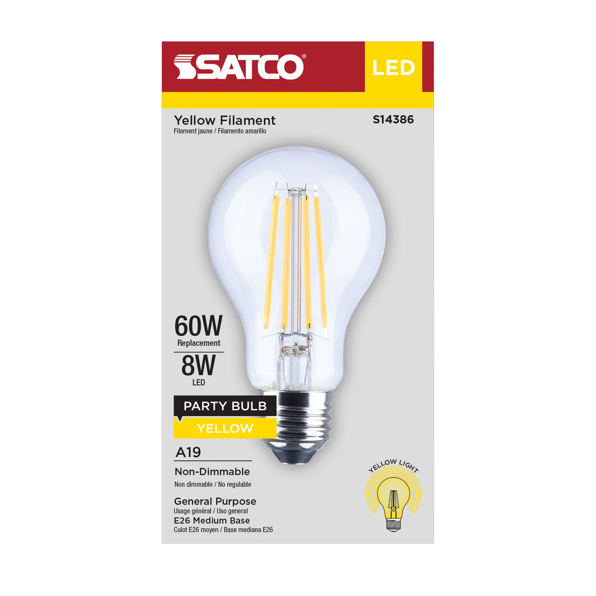8 Watt LED A19 - Straight Filament - Yellow Light - Glass - 120 Volt - 1-Pack