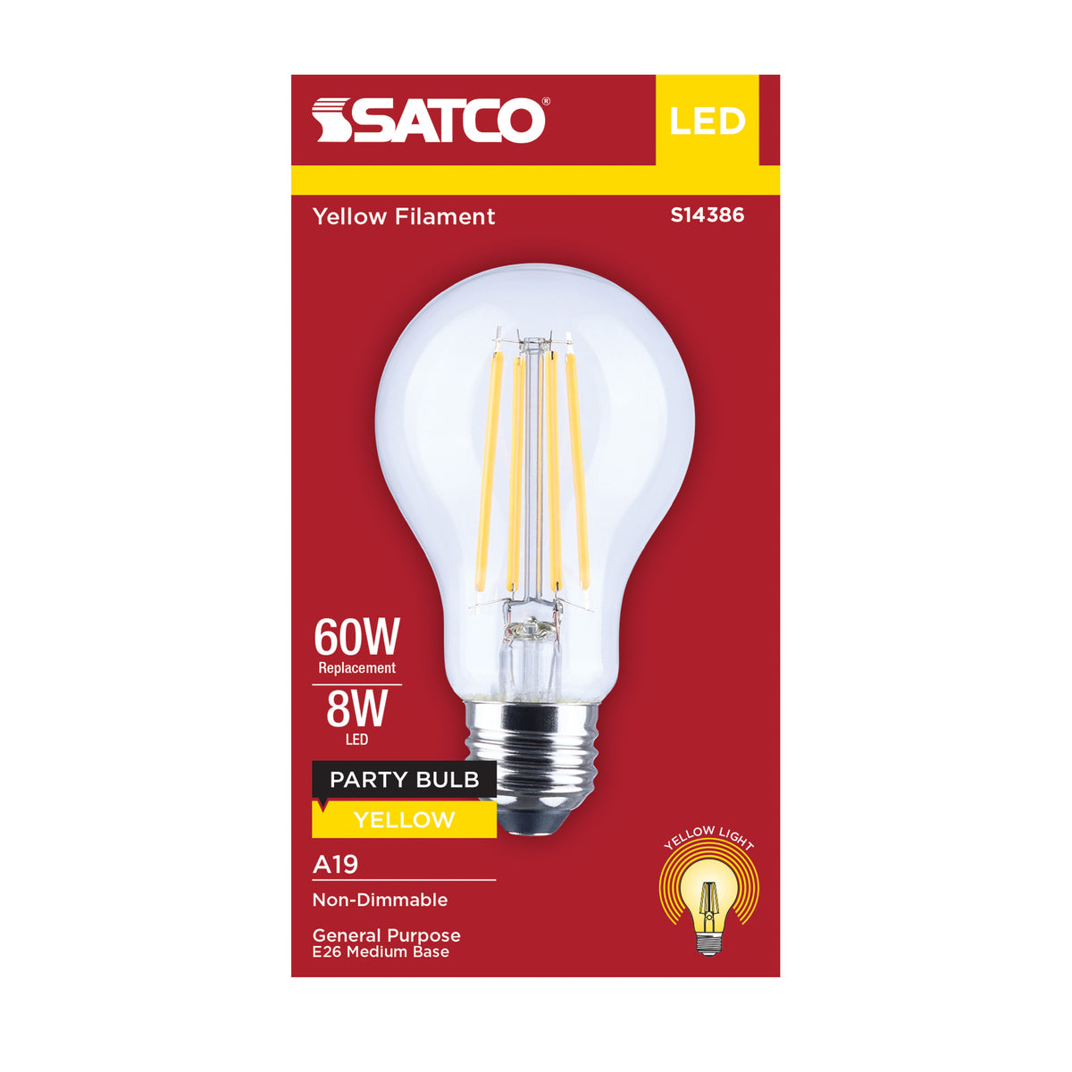 8 Watt LED A19 - Straight Filament - Yellow Light - Glass - 120 Volt - 1-Pack