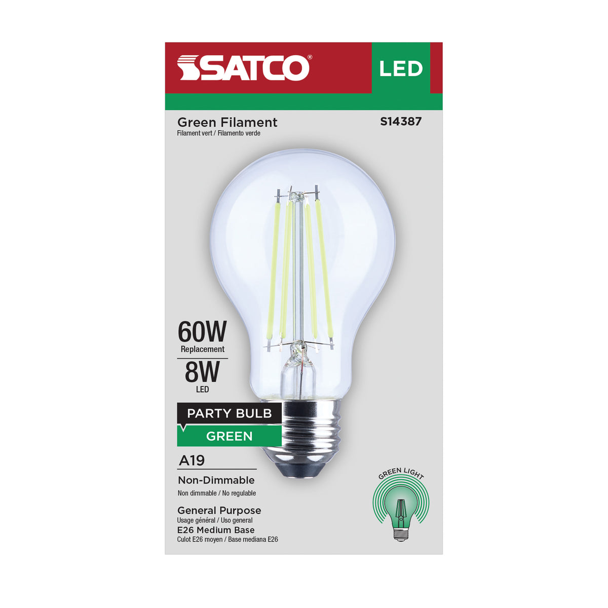 8 Watt LED A19 - Straight Filament - Green Light - Glass - 120 Volt - 1-Pack