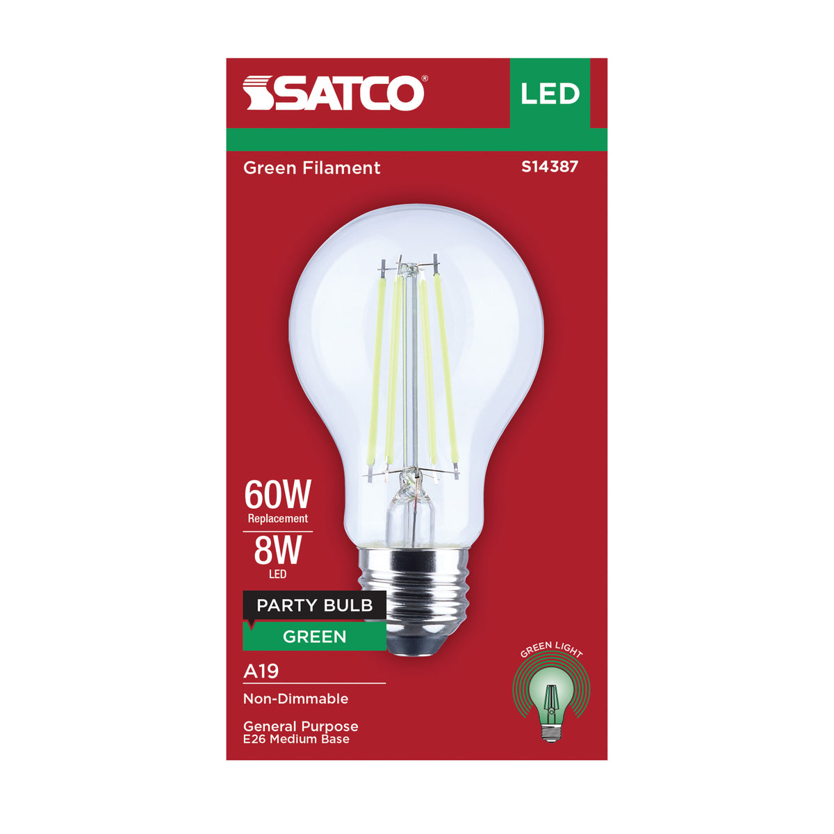 8 Watt LED A19 - Straight Filament - Green Light - Glass - 120 Volt - 1-Pack