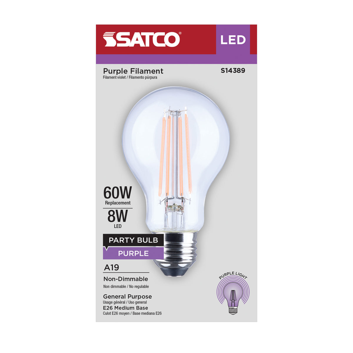 8 Watt LED A19 - Straight Filament - Purple Light - Glass - 120 Volt - 1-Pack