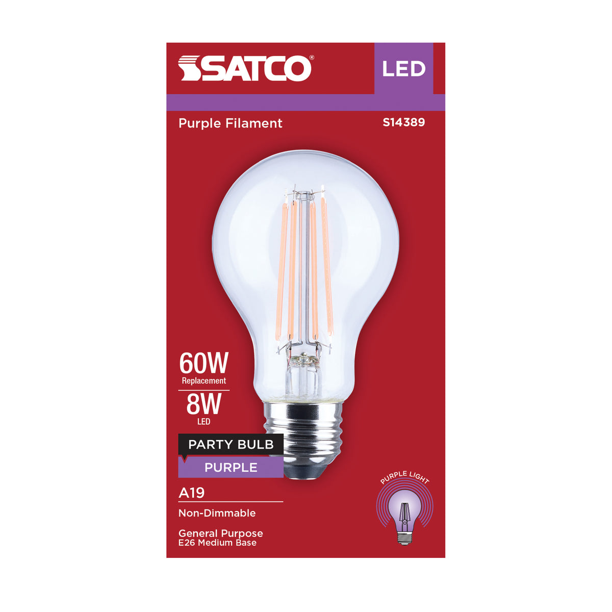 8 Watt LED A19 - Straight Filament - Purple Light - Glass - 120 Volt - 1-Pack