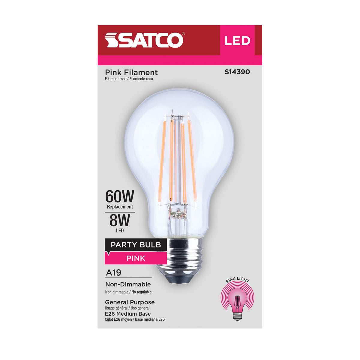 8 Watt LED A19 - Straight Filament - Pink Light - Glass - 120 Volt - 1-Pack