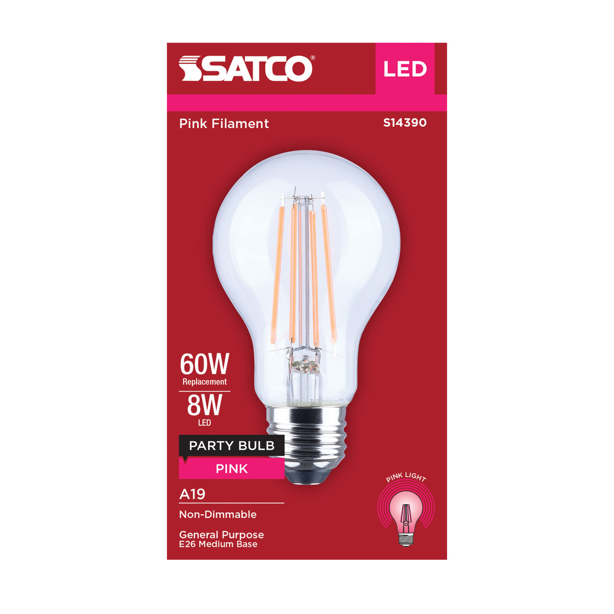 8 Watt LED A19 - Straight Filament - Pink Light - Glass - 120 Volt - 1-Pack