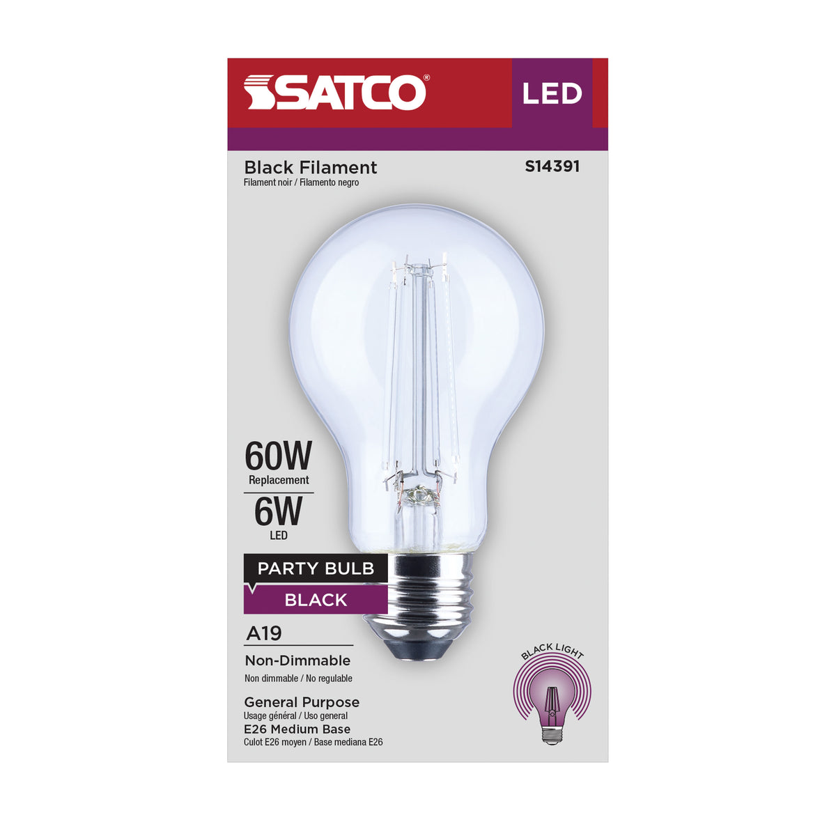 6 Watt LED A19 - Straight Filament - Black Light - Glass - 120 Volt - 1-Pack