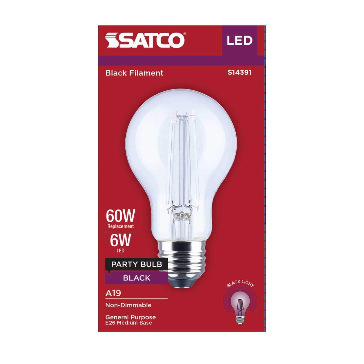 6 Watt LED A19 - Straight Filament - Black Light - Glass - 120 Volt - 1-Pack