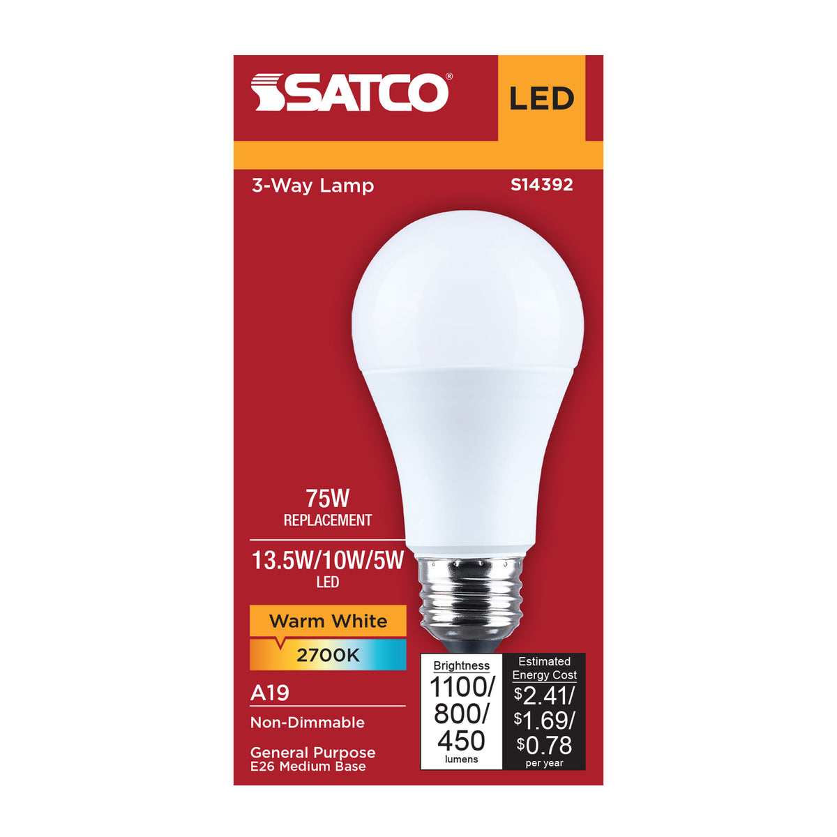 13.5/10/5 Watt LED A19 Three-Way Lamp - 2700K CCT - Lumens Selectable - Medium Double Contact Base - Plastic - 120 Volt - 1-Pack