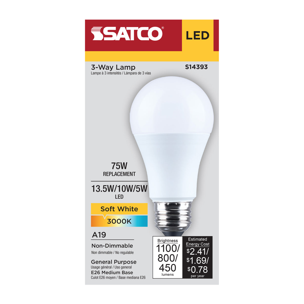 13.5/10/5 Watt LED A19 Three-Way Lamp - 3000K CCT - Lumens Selectable - Medium Double Contact Base - Plastic - 120 Volt - 1-Pack