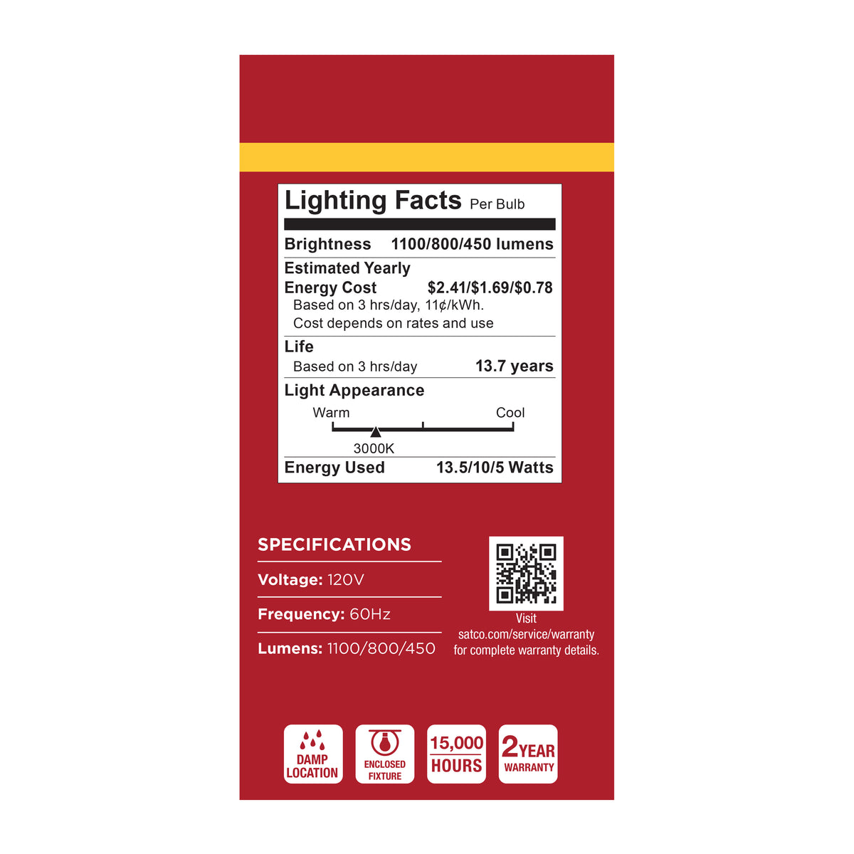 13.5/10/5 Watt LED A19 Three-Way Lamp - 3000K CCT - Lumens Selectable - Medium Double Contact Base - Plastic - 120 Volt - 1-Pack
