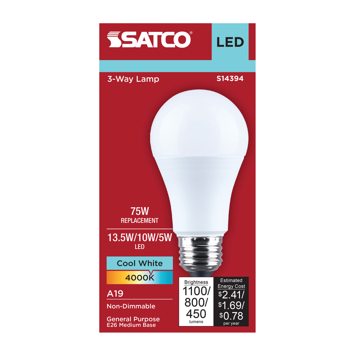 13.5/10/5 Watt LED A19 Three-Way Lamp - 4000K CCT - Lumens Selectable - Medium Double Contact Base - Plastic - 120 Volt - 1-Pack
