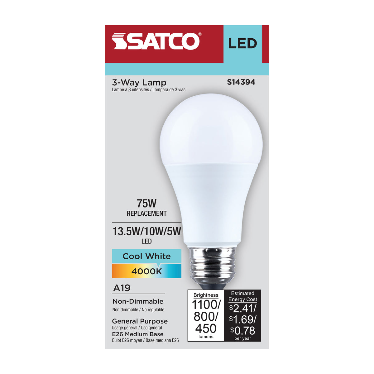 13.5/10/5 Watt LED A19 Three-Way Lamp - 4000K CCT - Lumens Selectable - Medium Double Contact Base - Plastic - 120 Volt - 1-Pack