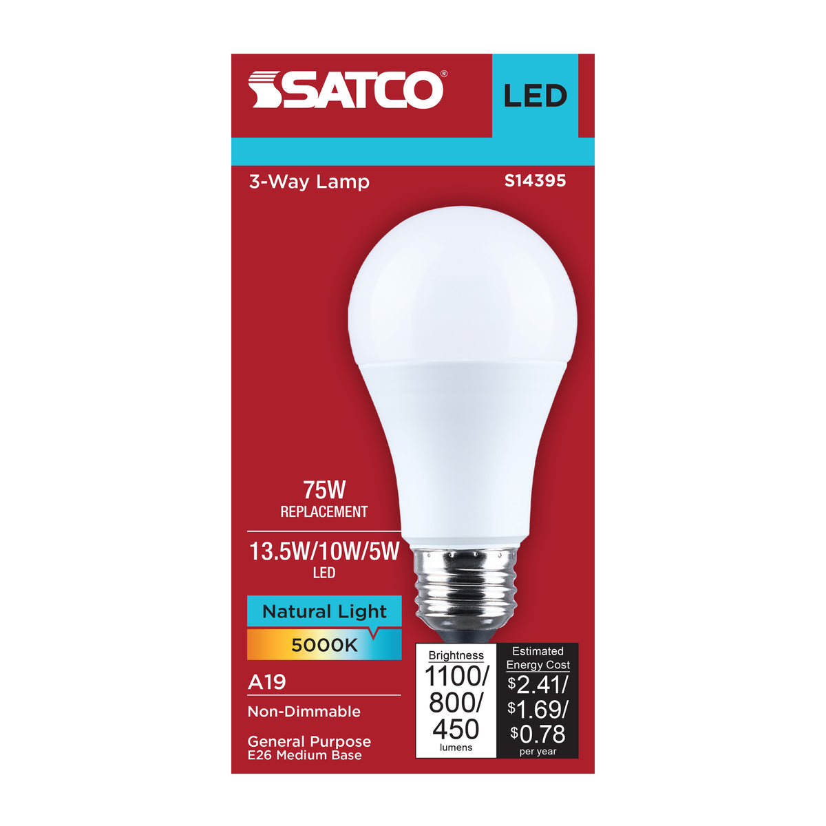 13.5/10/5 Watt LED A19 Three-Way Lamp - 5000K CCT - Lumens Selectable - Medium Double Contact Base - Plastic - 120 Volt - 1-Pack