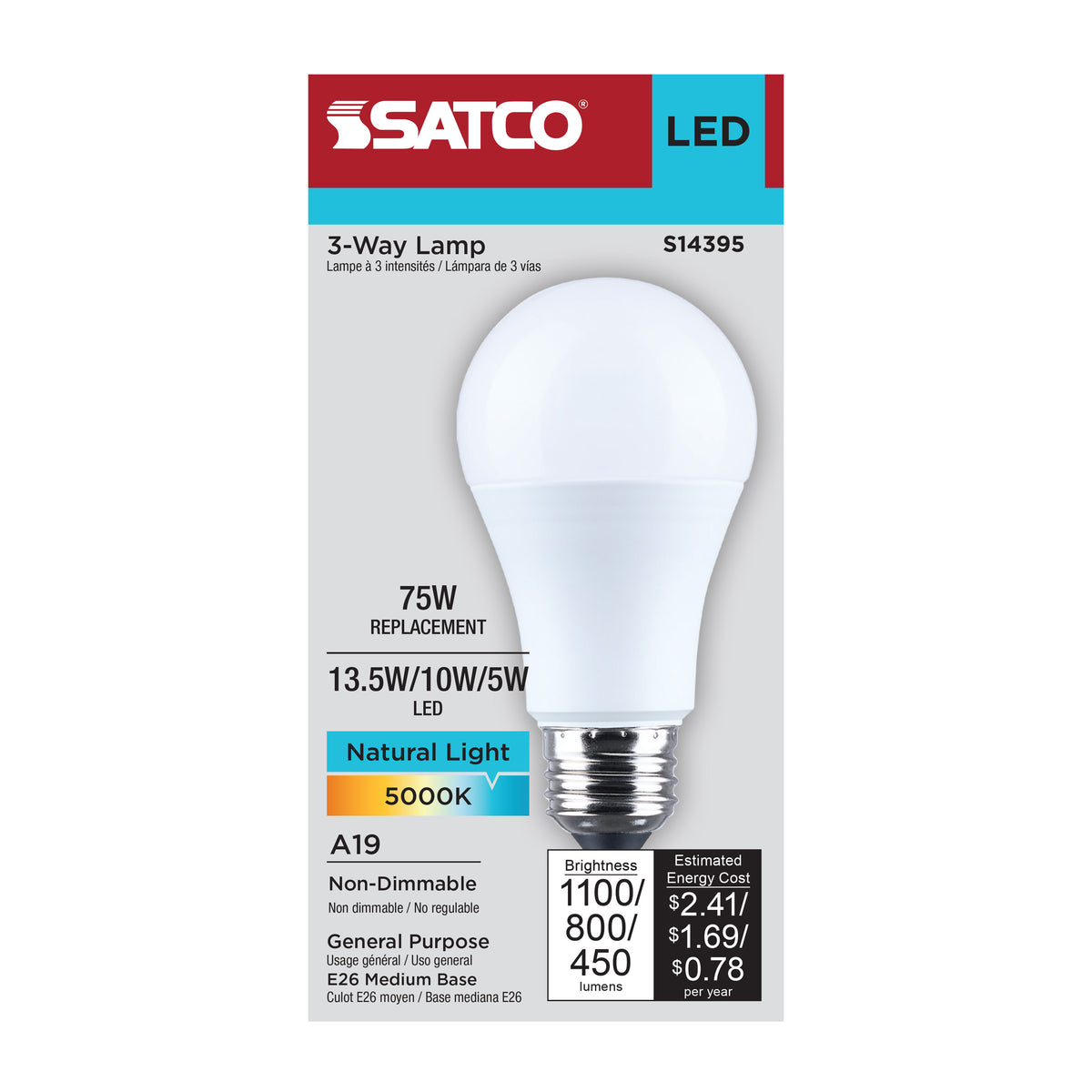 13.5/10/5 Watt LED A19 Three-Way Lamp - 5000K CCT - Lumens Selectable - Medium Double Contact Base - Plastic - 120 Volt - 1-Pack