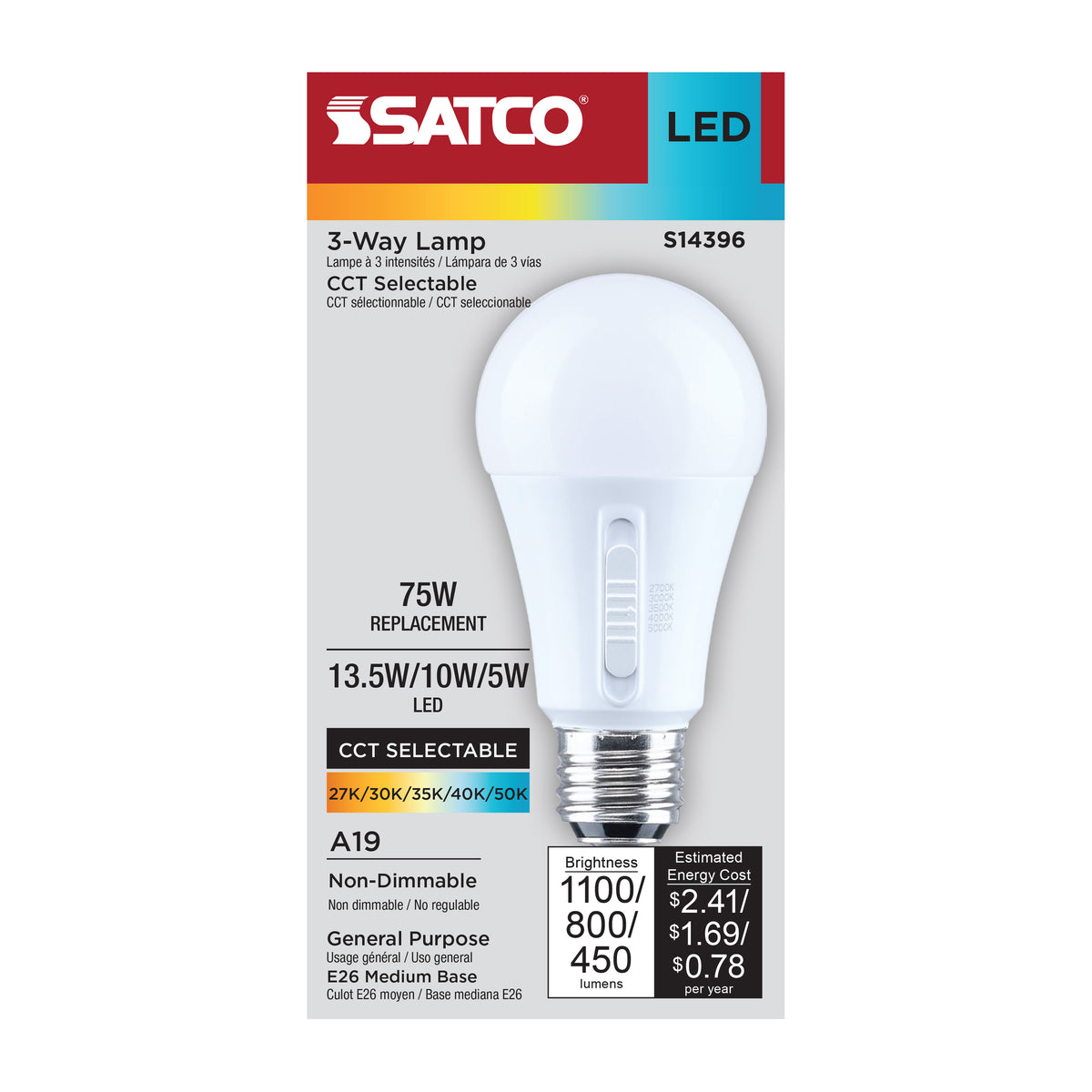 13.5/10/5 Watt LED A19 Three-Way Lamp - 27K/3K/35K/4K/5K CCT - Lumens Selectable - Medium Double Contact Base - Plastic - 120 Volt - 1-Pack