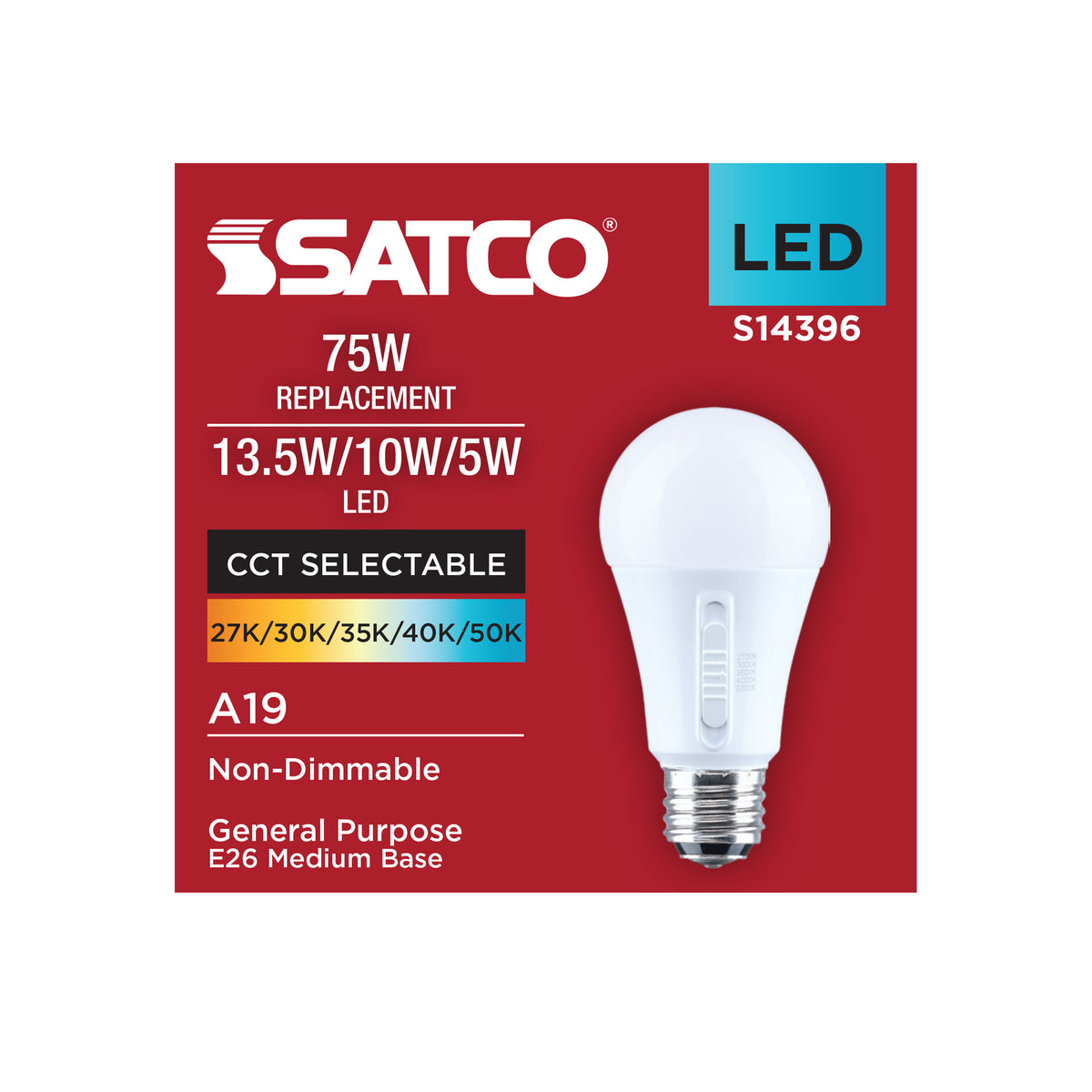 13.5/10/5 Watt LED A19 Three-Way Lamp - 27K/3K/35K/4K/5K CCT - Lumens Selectable - Medium Double Contact Base - Plastic - 120 Volt - 1-Pack