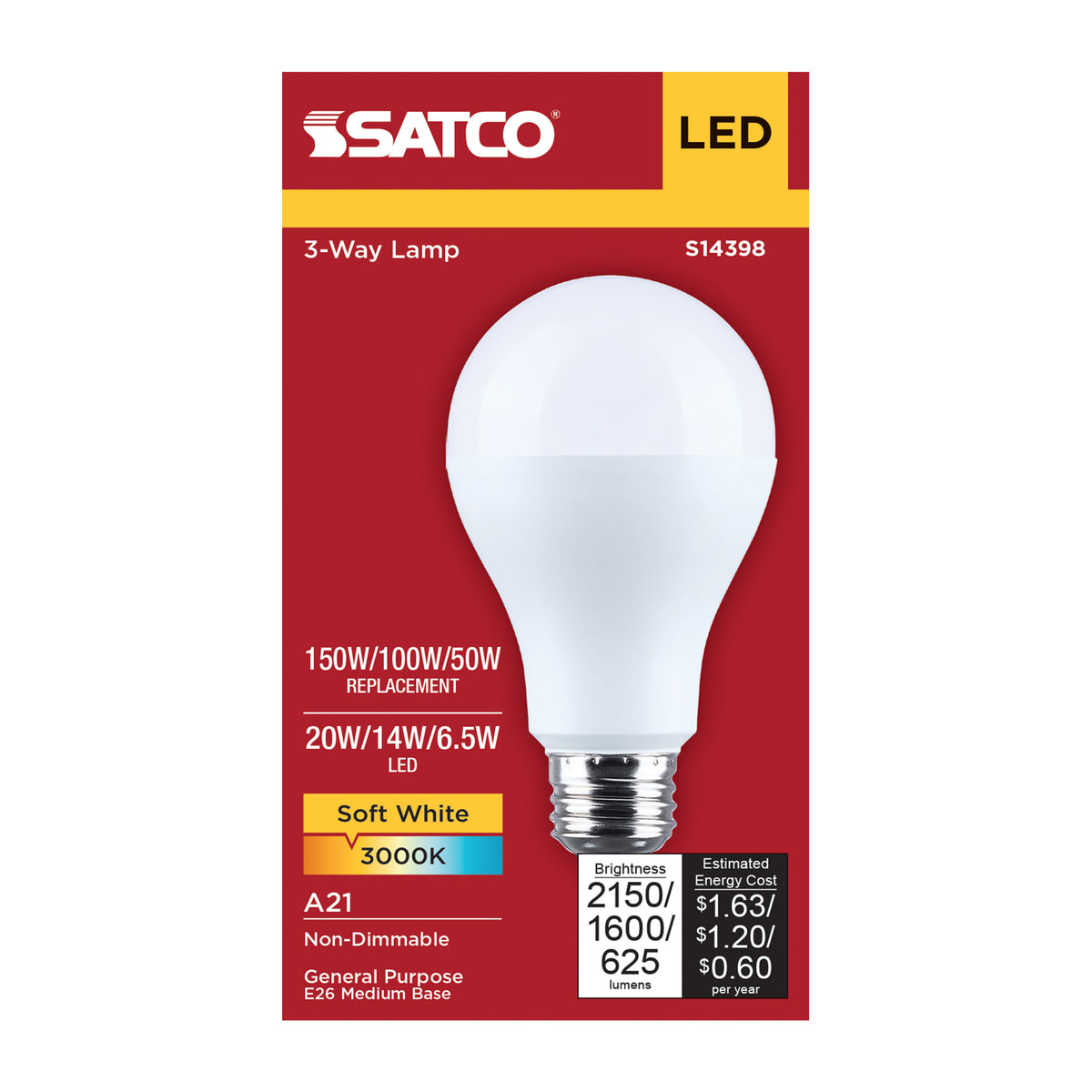 20/14/6.5 Watt LED A21 Three-Way Lamp - 3000K CCT - Lumens Selectable - Medium Double Contact Base - Plastic - 120 Volt - 1-Pack