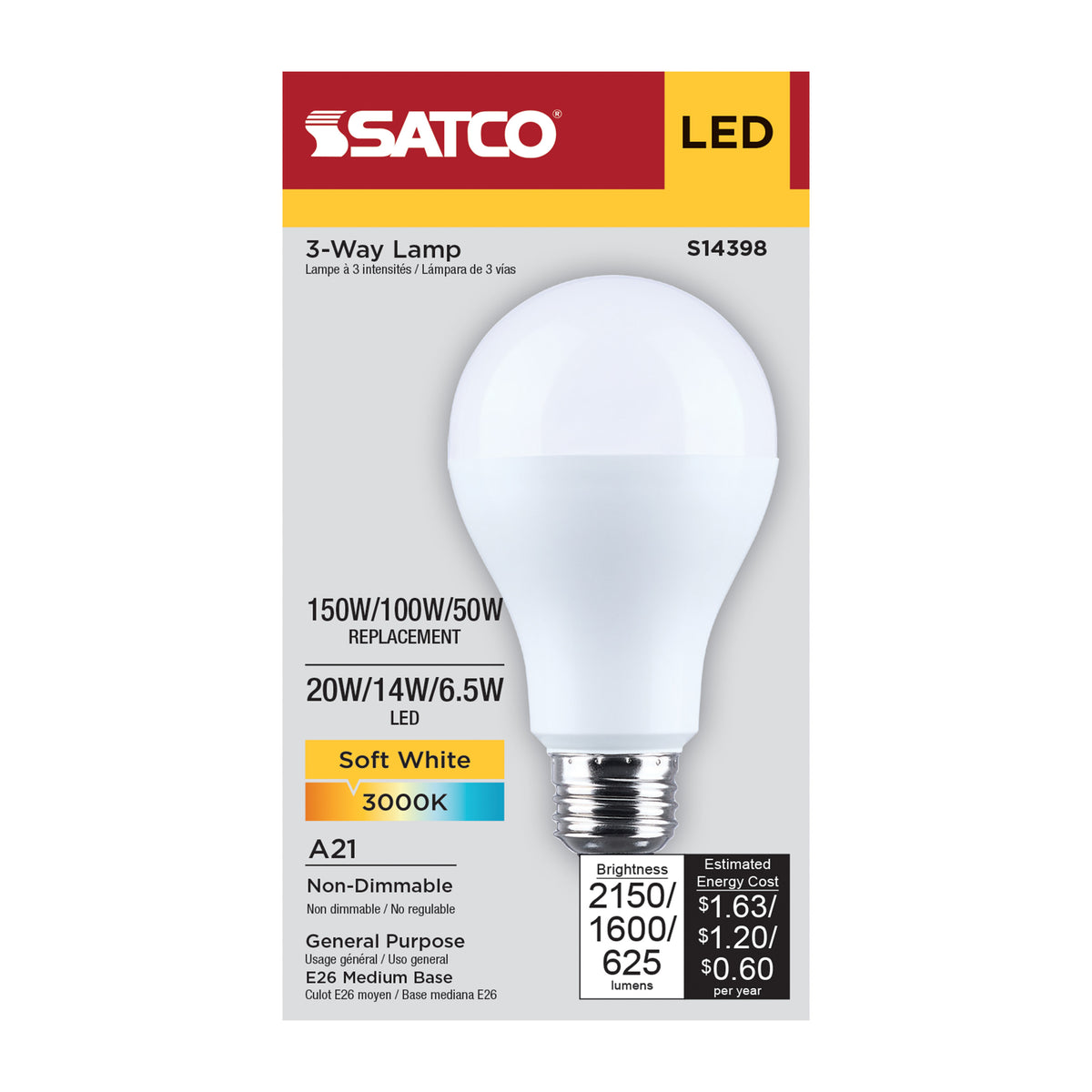 20/14/6.5 Watt LED A21 Three-Way Lamp - 3000K CCT - Lumens Selectable - Medium Double Contact Base - Plastic - 120 Volt - 1-Pack