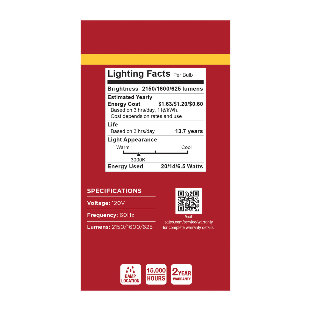 20/14/6.5 Watt LED A21 Three-Way Lamp - 3000K CCT - Lumens Selectable - Medium Double Contact Base - Plastic - 120 Volt - 1-Pack