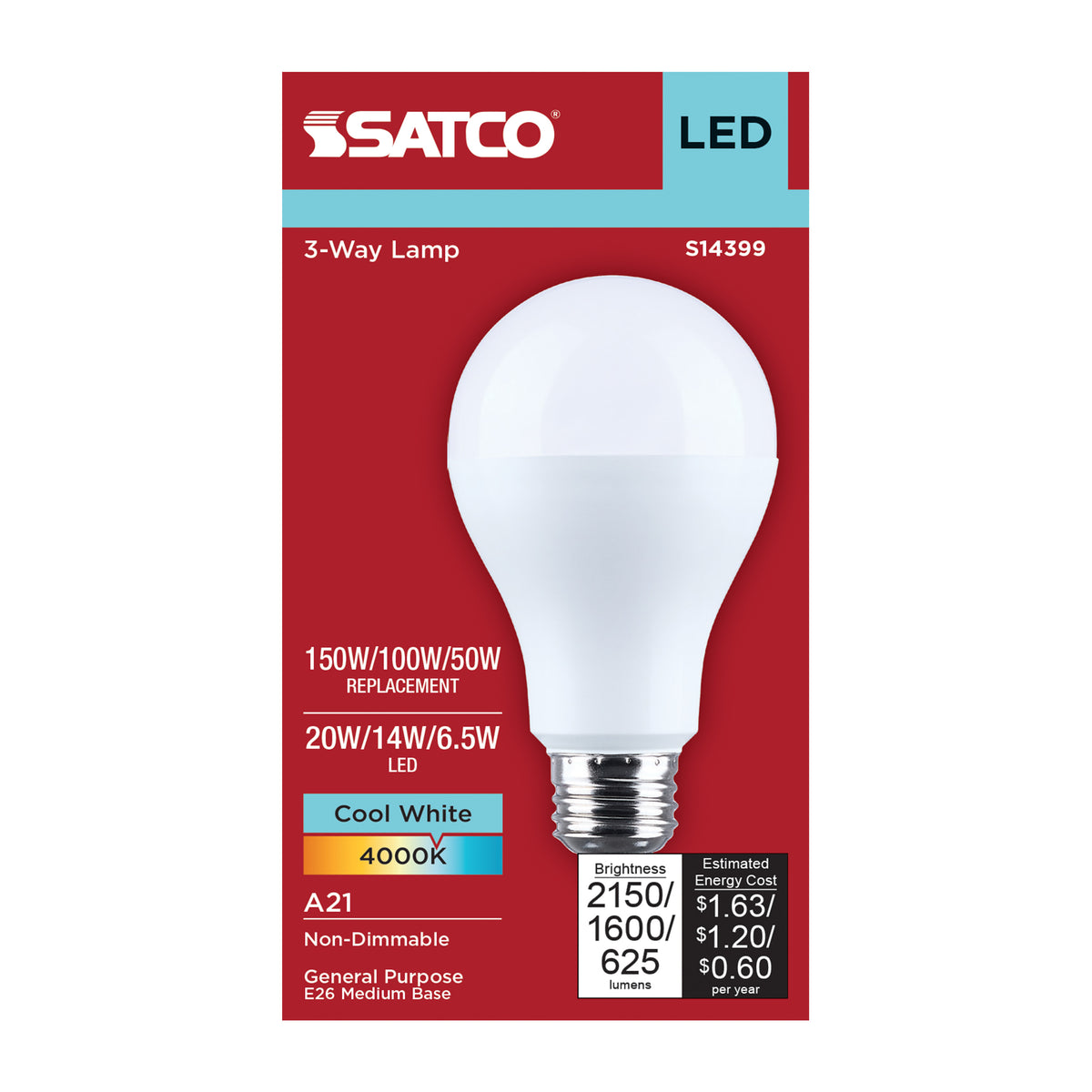 20/14/6.5 Watt LED A21 Three-Way Lamp - 4000K CCT - Lumens Selectable - Medium Double Contact Base - Plastic - 120 Volt - 1-Pack