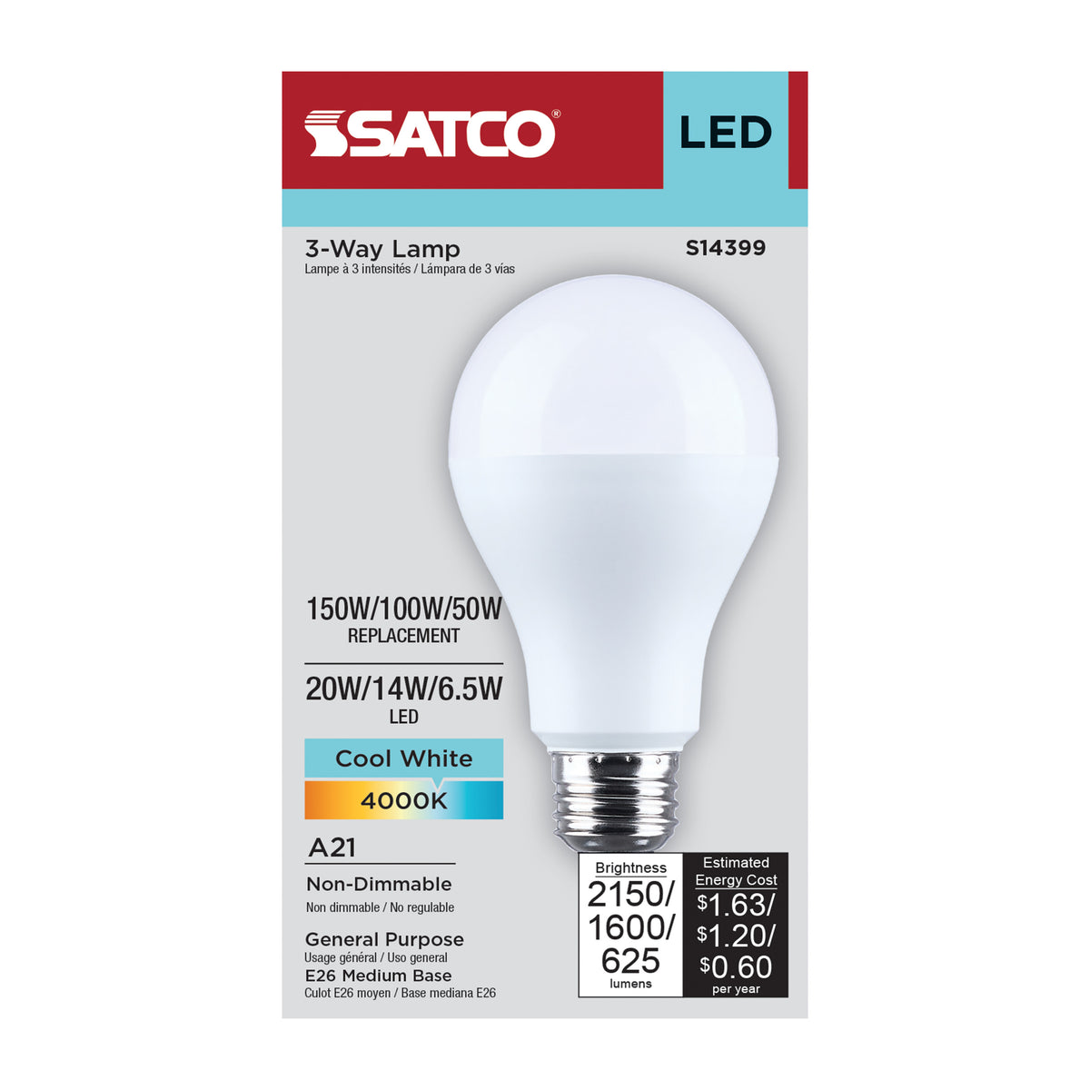 20/14/6.5 Watt LED A21 Three-Way Lamp - 4000K CCT - Lumens Selectable - Medium Double Contact Base - Plastic - 120 Volt - 1-Pack