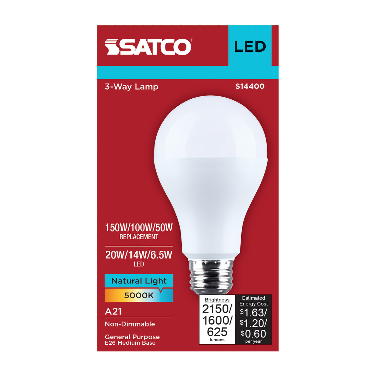 20/14/6.5 Watt LED A21 Three-Way Lamp - 5000K CCT - Lumens Selectable - Medium Double Contact Base - Plastic - 120 Volt - 1-Pack