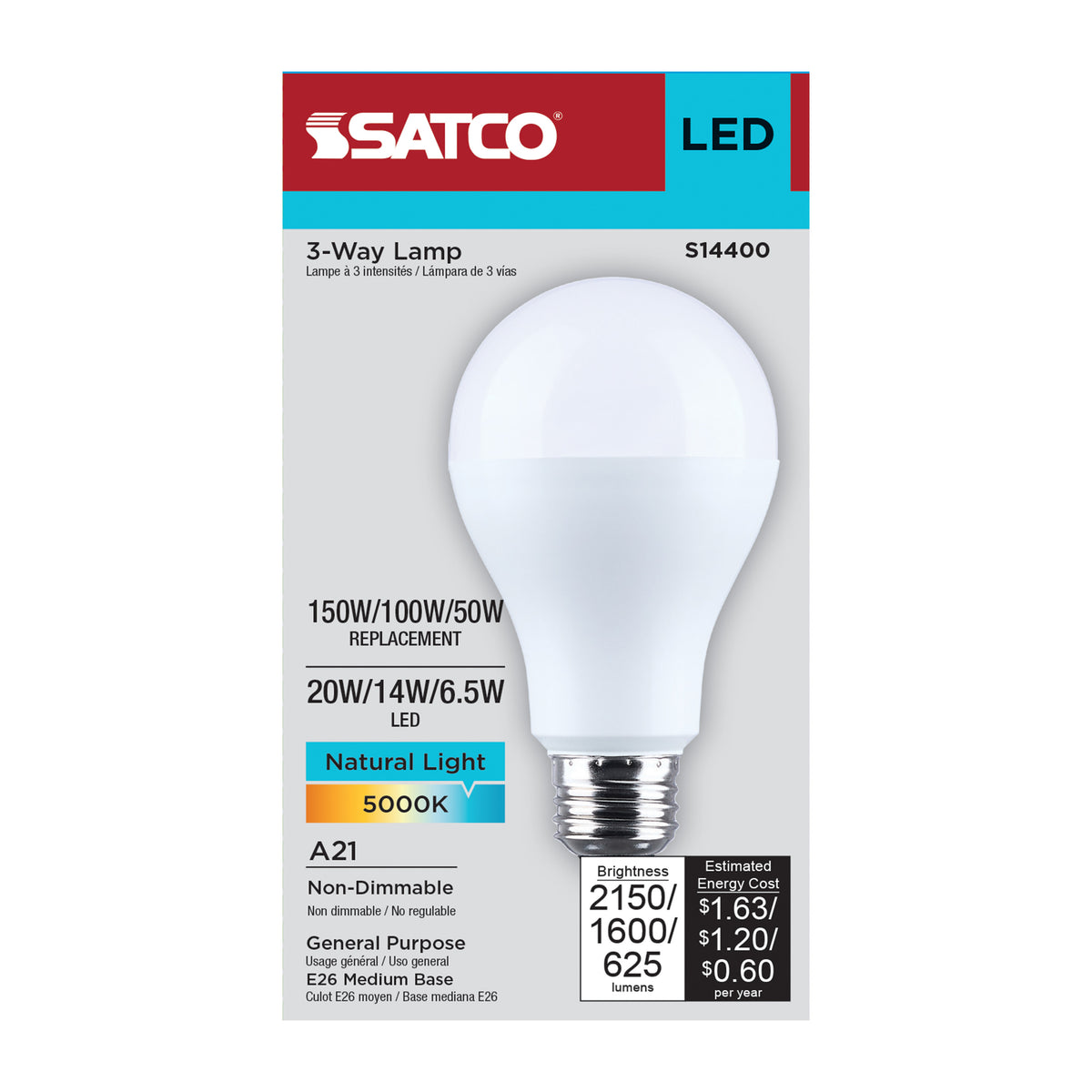 20/14/6.5 Watt LED A21 Three-Way Lamp - 5000K CCT - Lumens Selectable - Medium Double Contact Base - Plastic - 120 Volt - 1-Pack