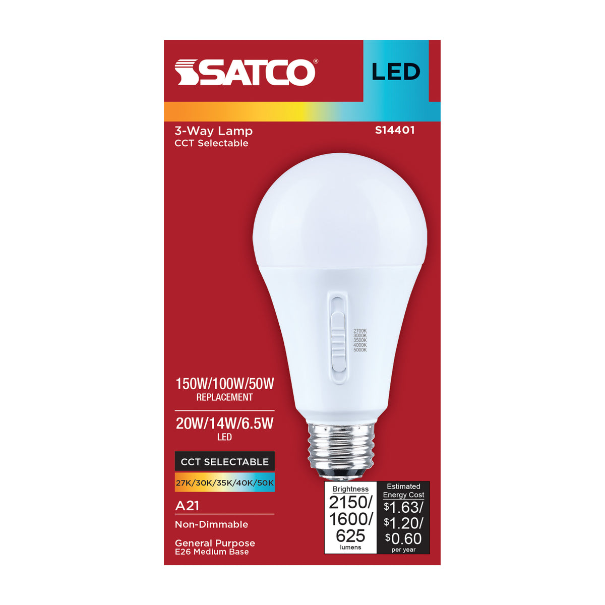 20/14/6.5 Watt LED A21 Three-Way Lamp - 27K/3K/35K/4K/5K CCT - Lumens Selectable - Medium Double Contact Base - Plastic - 120 Volt - 1-Pack
