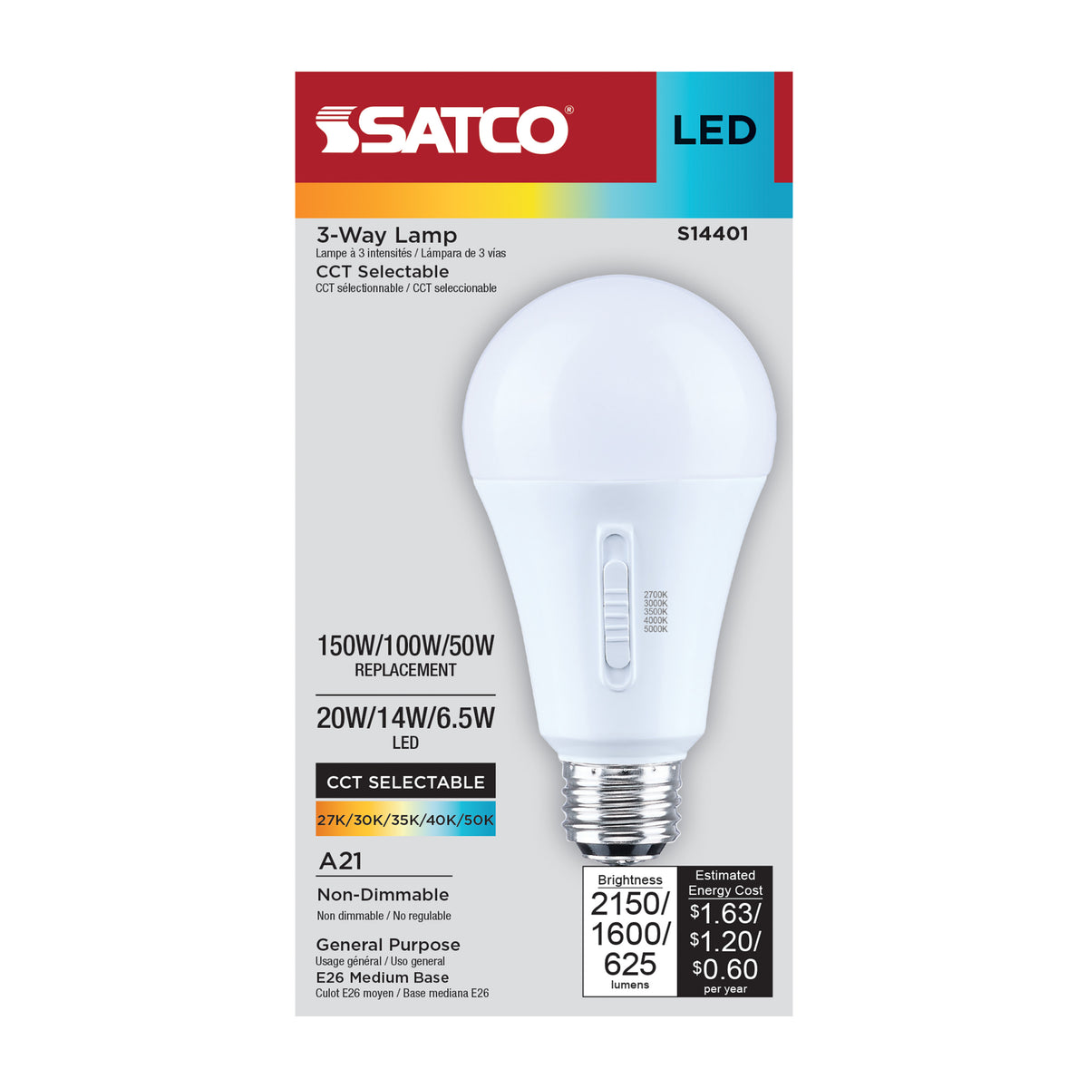 20/14/6.5 Watt LED A21 Three-Way Lamp - 27K/3K/35K/4K/5K CCT - Lumens Selectable - Medium Double Contact Base - Plastic - 120 Volt - 1-Pack