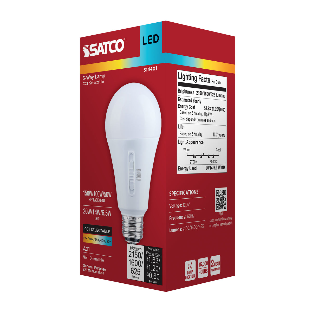 20/14/6.5 Watt LED A21 Three-Way Lamp - 27K/3K/35K/4K/5K CCT - Lumens Selectable - Medium Double Contact Base - Plastic - 120 Volt - 1-Pack