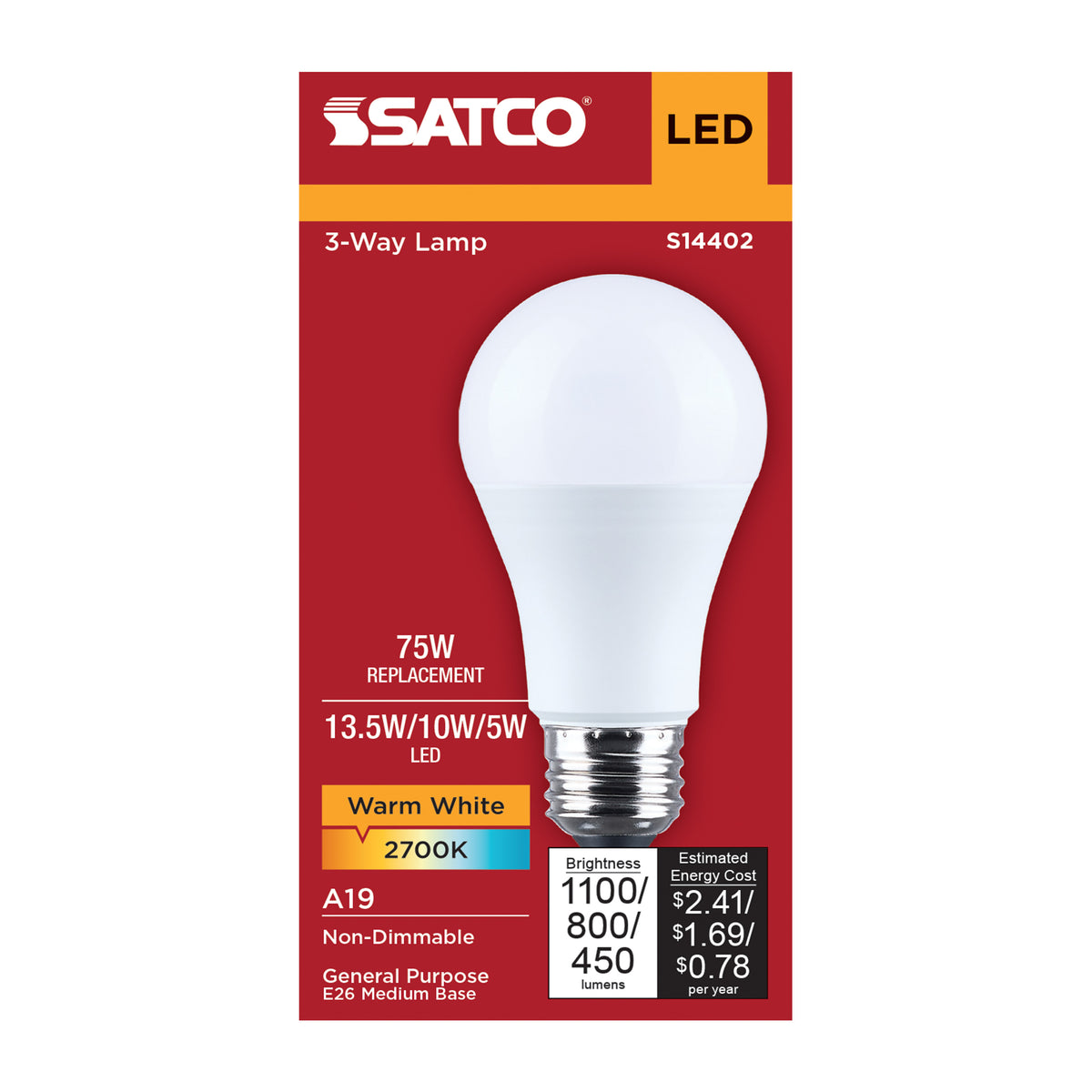 13.5/10/5 Watt LED A19 Three-Way Lamp - 2700K CCT - Lumens Selectable - Medium Double Contact Base - Plastic - 120 Volt - 1-Pack
