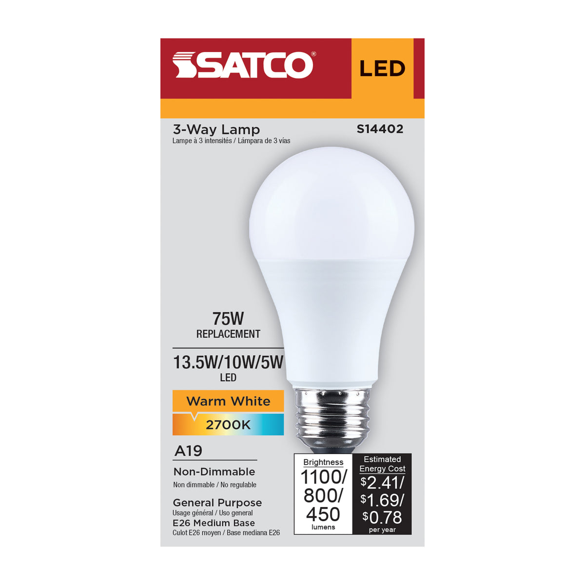 13.5/10/5 Watt LED A19 Three-Way Lamp - 2700K CCT - Lumens Selectable - Medium Double Contact Base - Plastic - 120 Volt - 1-Pack