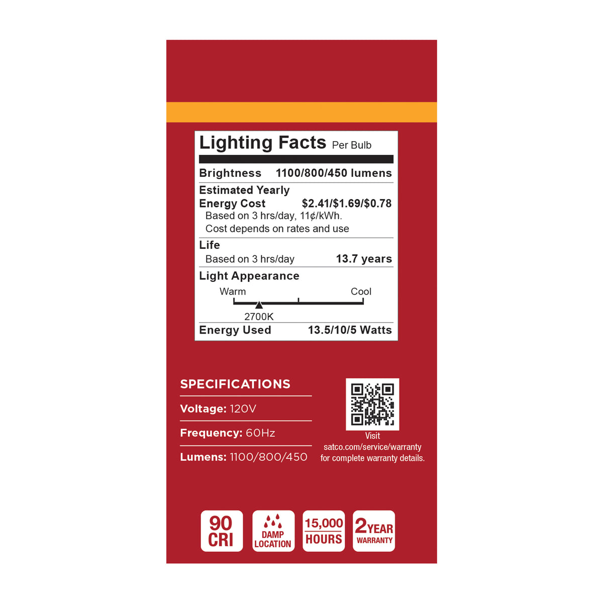 13.5/10/5 Watt LED A19 Three-Way Lamp - 2700K CCT - Lumens Selectable - Medium Double Contact Base - Plastic - 120 Volt - 1-Pack