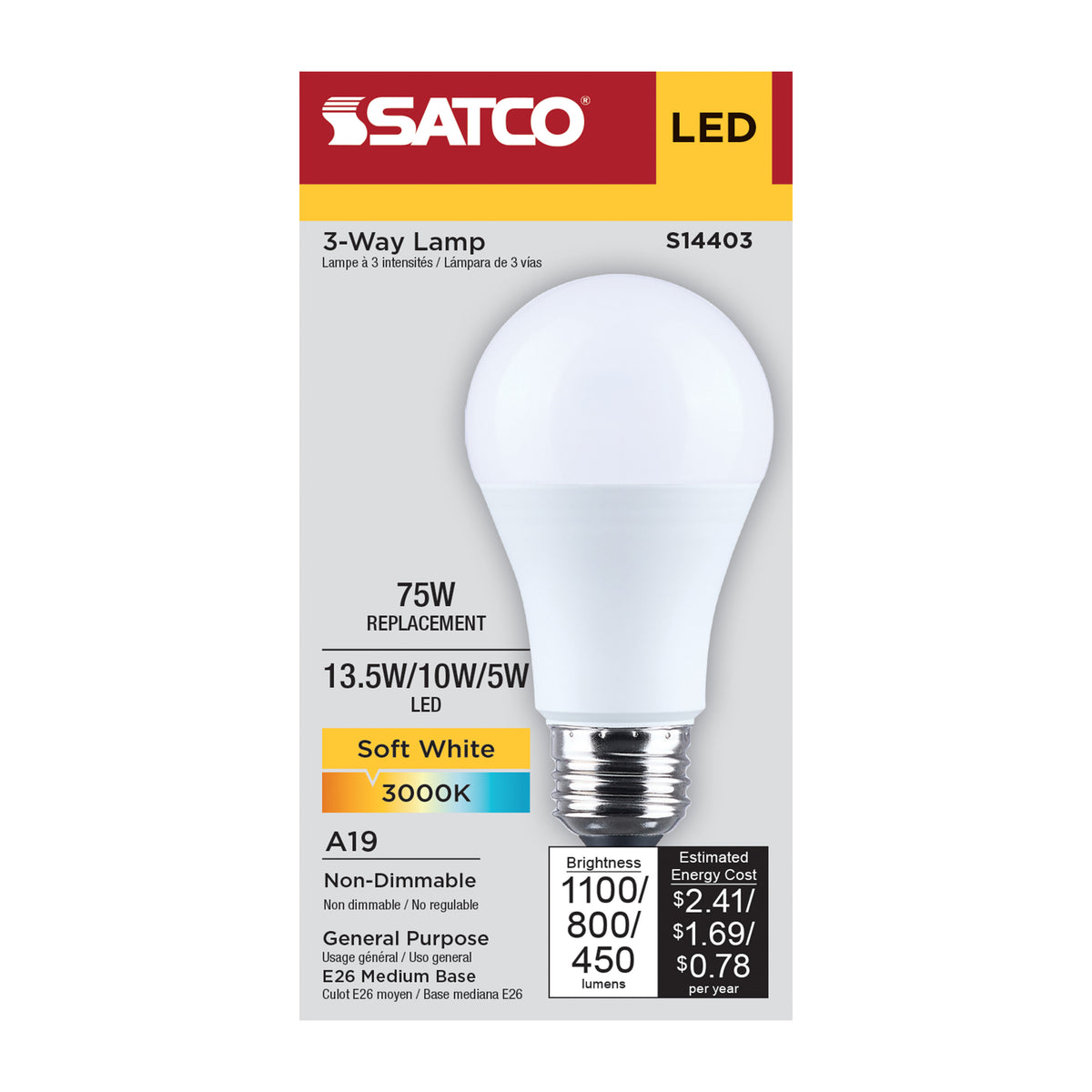 13.5/10/5 Watt LED A19 Three-Way L amp - 3000K CCT - Lumens Selectable - Medium Double Contact Base - Plastic - 120 Volt - 1-Pack