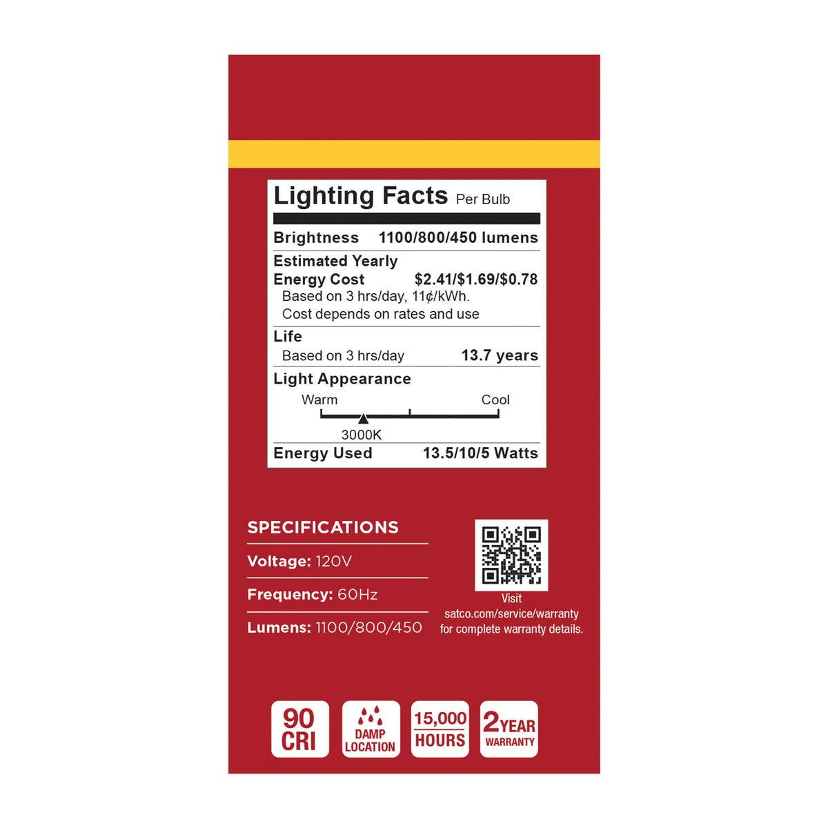 13.5/10/5 Watt LED A19 Three-Way L amp - 3000K CCT - Lumens Selectable - Medium Double Contact Base - Plastic - 120 Volt - 1-Pack