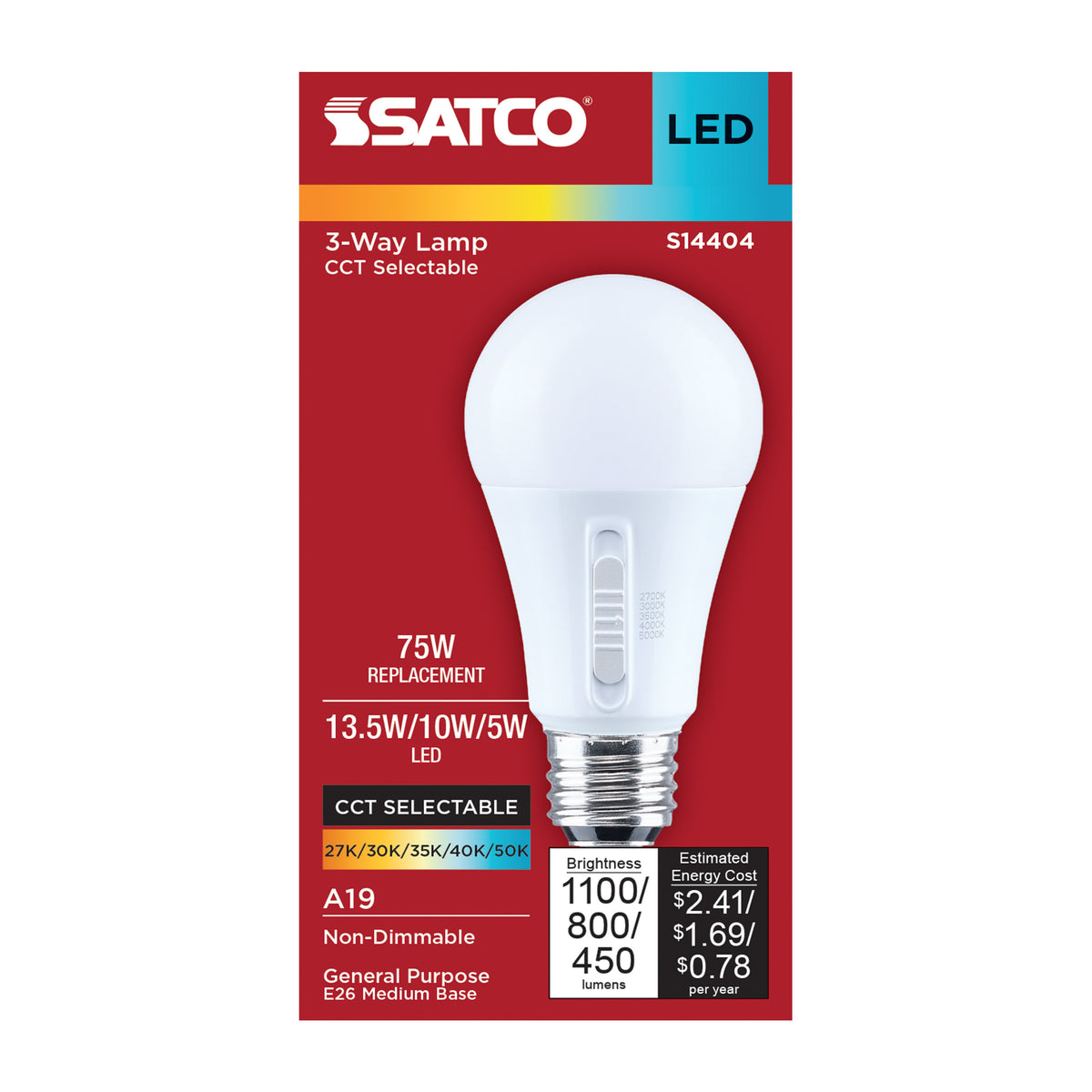 13.5/10/5 Watt LED A19 Three-Way Lamp - 27K/3K/35K/4K/5K CCT - Lumens Selectable - Medium Double Contact Base - Plastic - 120 Volt - 1-Pack