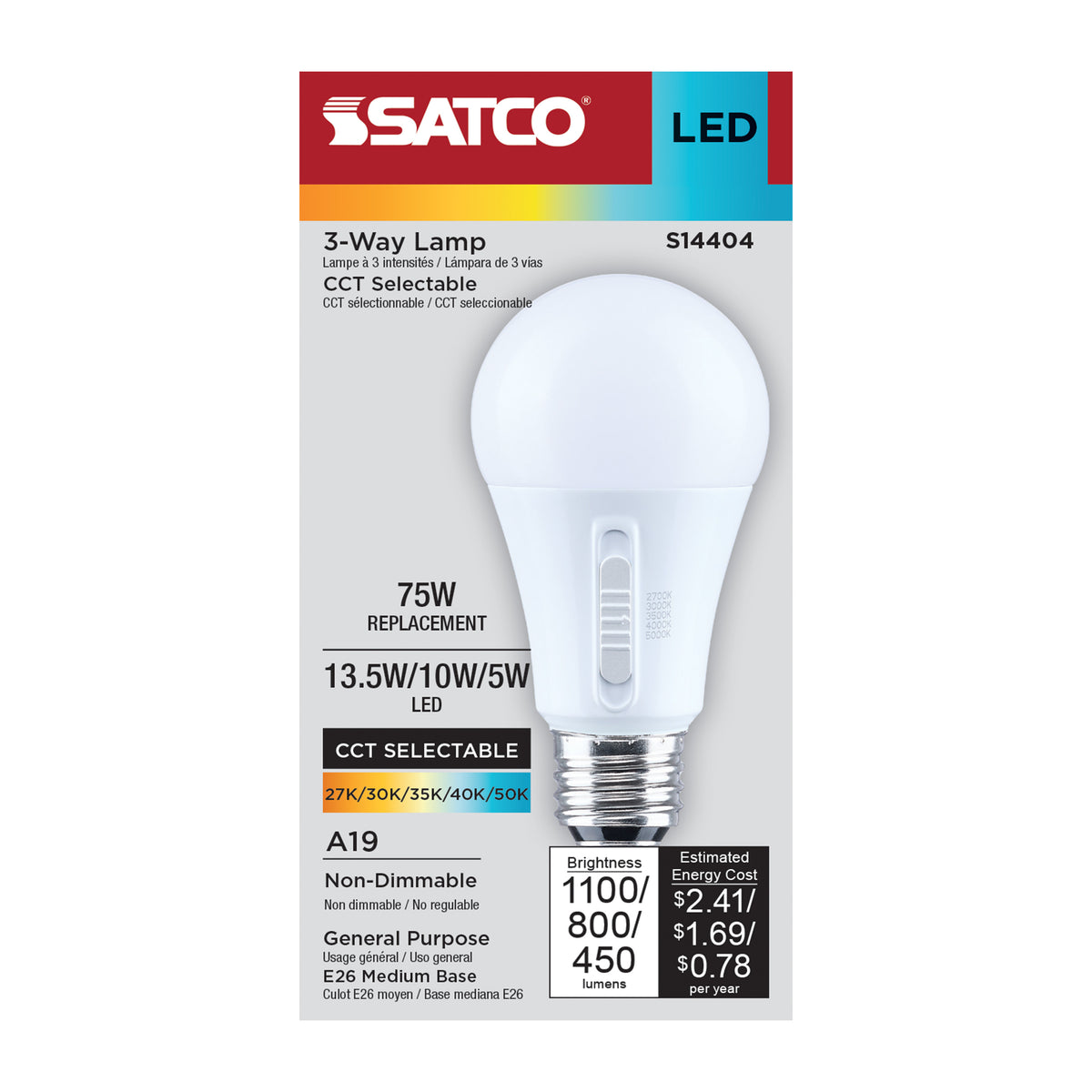 13.5/10/5 Watt LED A19 Three-Way Lamp - 27K/3K/35K/4K/5K CCT - Lumens Selectable - Medium Double Contact Base - Plastic - 120 Volt - 1-Pack