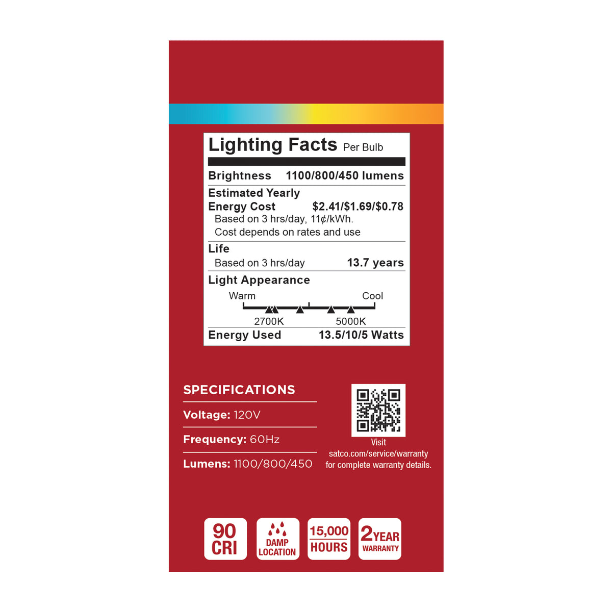 13.5/10/5 Watt LED A19 Three-Way Lamp - 27K/3K/35K/4K/5K CCT - Lumens Selectable - Medium Double Contact Base - Plastic - 120 Volt - 1-Pack
