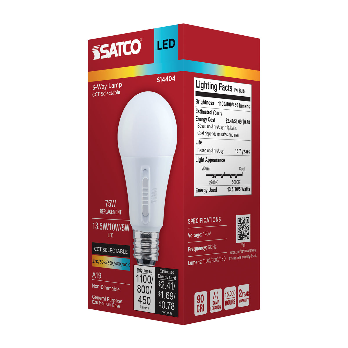 13.5/10/5 Watt LED A19 Three-Way Lamp - 27K/3K/35K/4K/5K CCT - Lumens Selectable - Medium Double Contact Base - Plastic - 120 Volt - 1-Pack