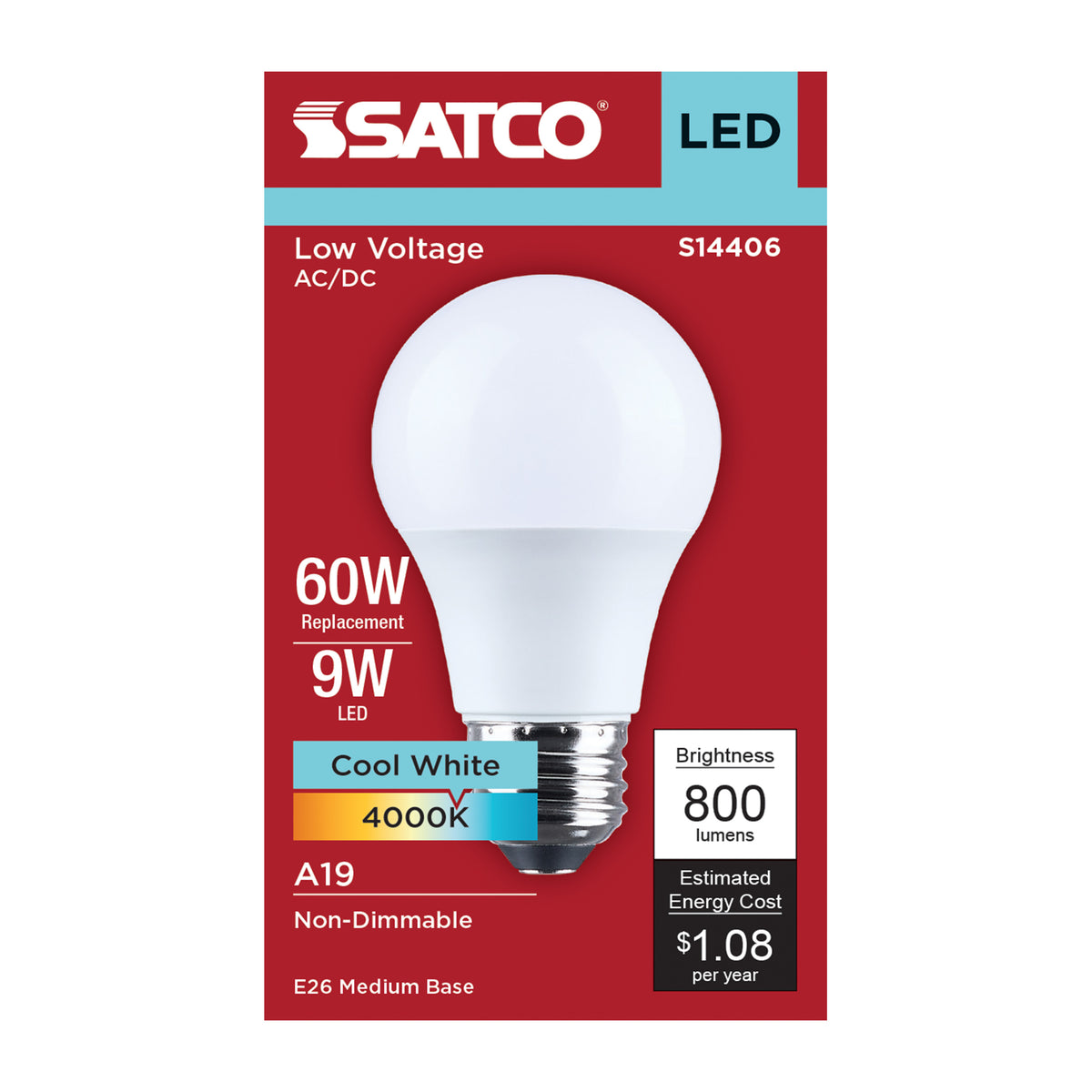 9 Watt LED A19 - 4000K CCT - Medium Base - Plastic - 12-24 Volt AC - 12-34 Volt DC - 1-Pack