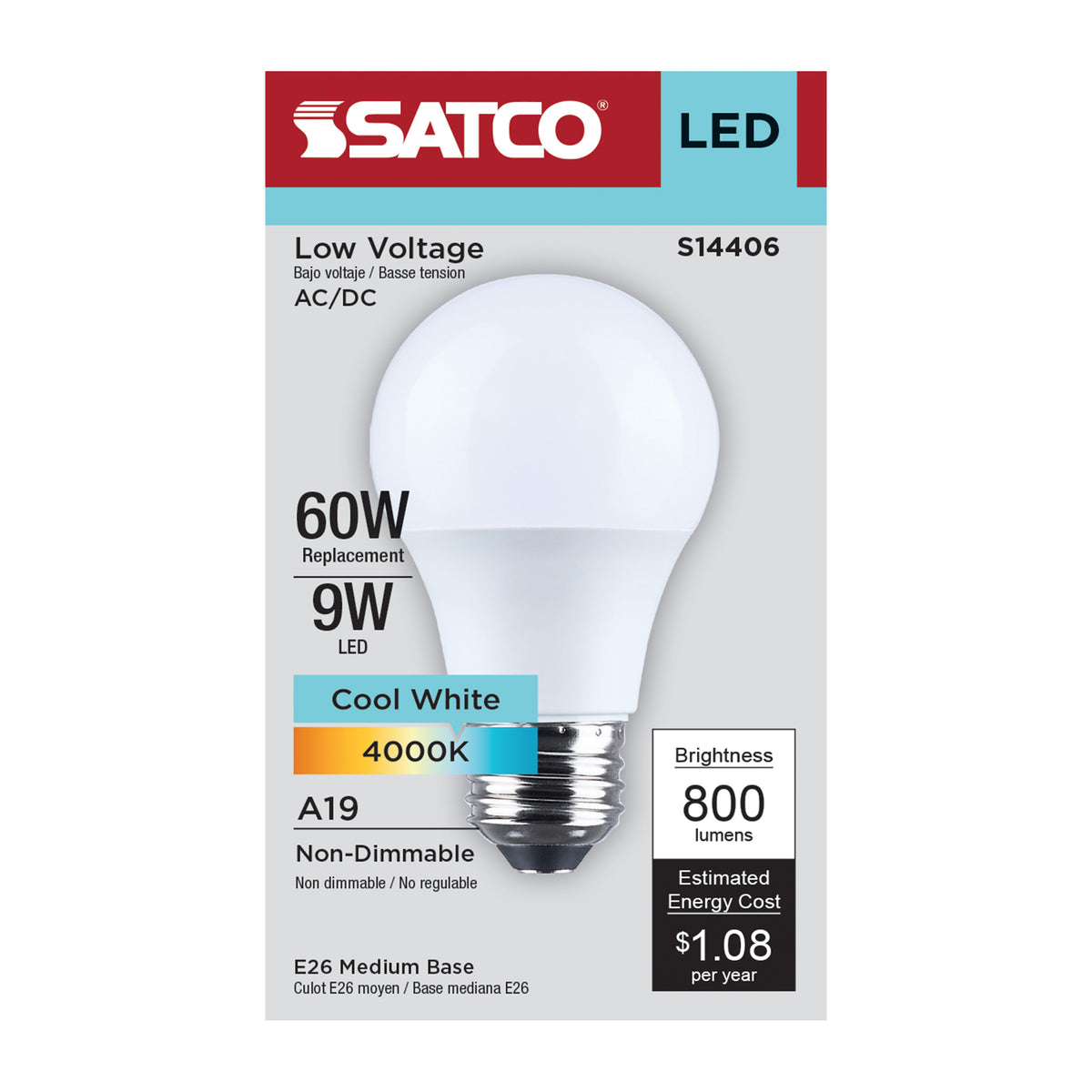 9 Watt LED A19 - 4000K CCT - Medium Base - Plastic - 12-24 Volt AC - 12-34 Volt DC - 1-Pack