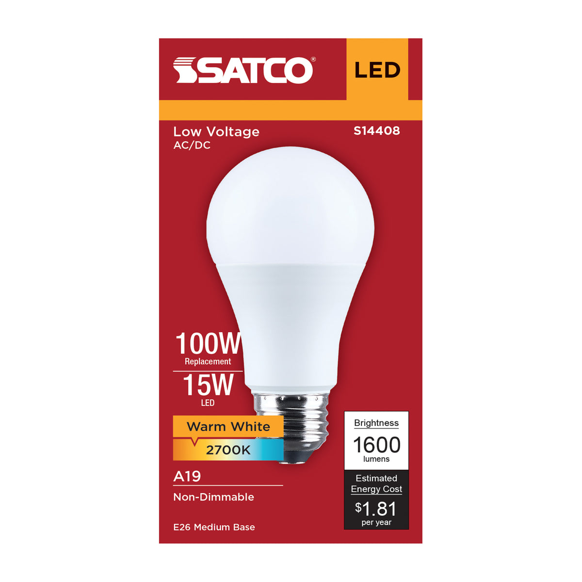 15 Watt LED A19 - 2700K CCT - Medium Base - Plastic - 12-24 Volt AC - 12-34 Volt DC - 1-Pack