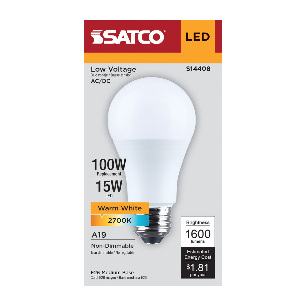 15 Watt LED A19 - 2700K CCT - Medium Base - Plastic - 12-24 Volt AC - 12-34 Volt DC - 1-Pack