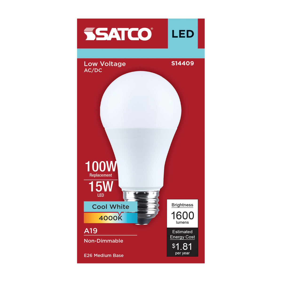 15 Watt LED A19 - 4000K CCT - Medium Base - Plastic - 12-24 Volt AC - 12-34 Volt DC - 1-Pack