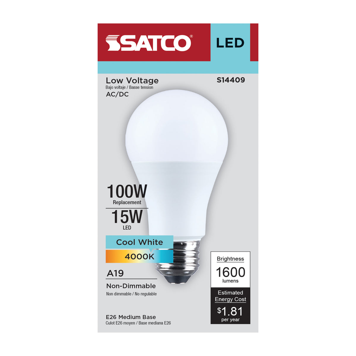 15 Watt LED A19 - 4000K CCT - Medium Base - Plastic - 12-24 Volt AC - 12-34 Volt DC - 1-Pack