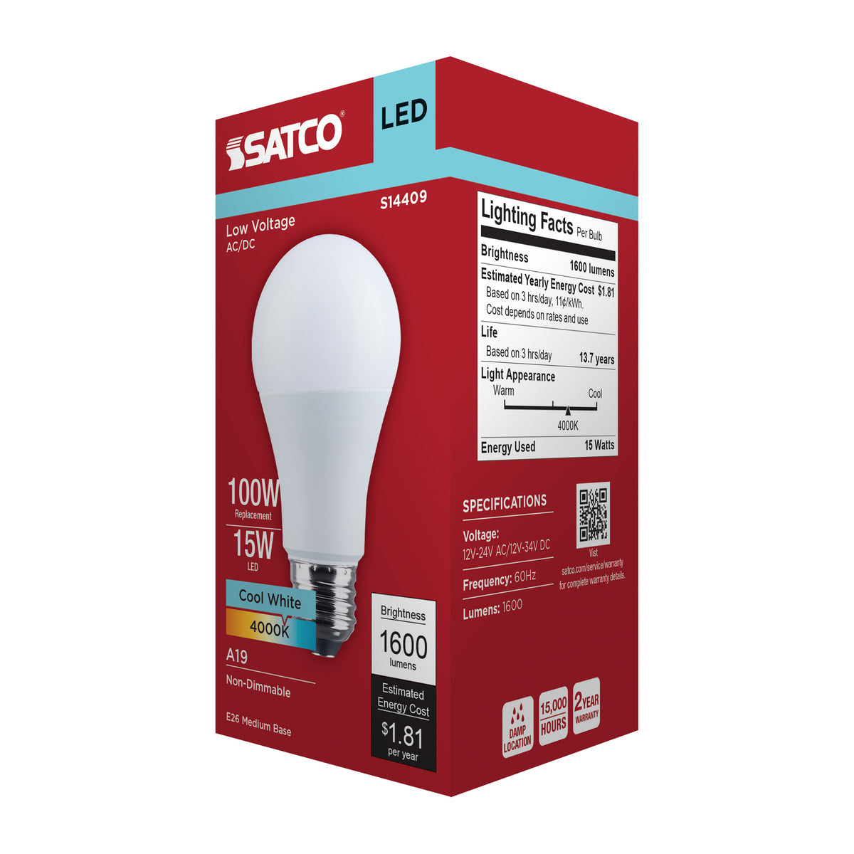 15 Watt LED A19 - 4000K CCT - Medium Base - Plastic - 12-24 Volt AC - 12-34 Volt DC - 1-Pack