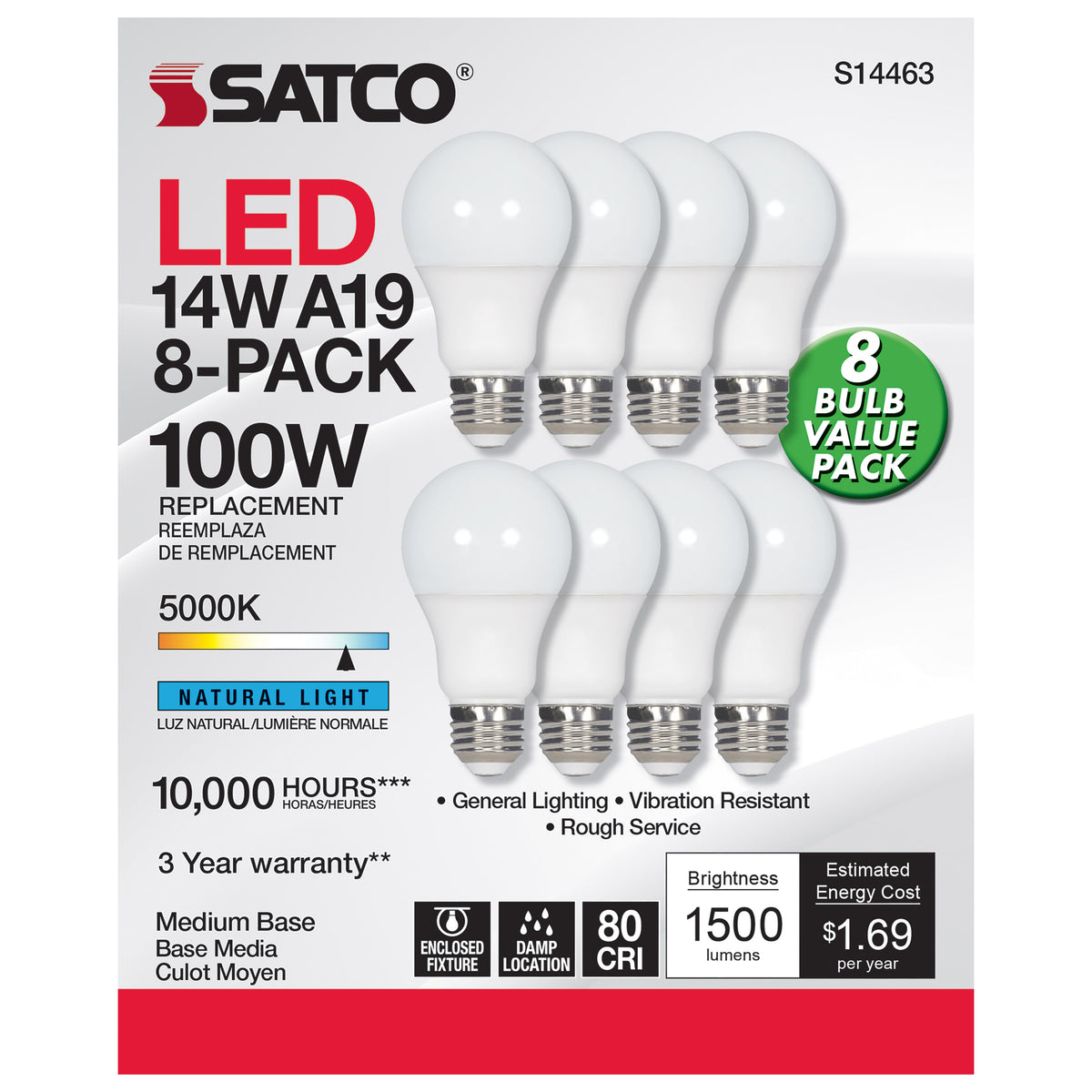 14 Watt A19 LED - 5000K - Non-Dimmable - E26 - 80 CRI - 8-pack