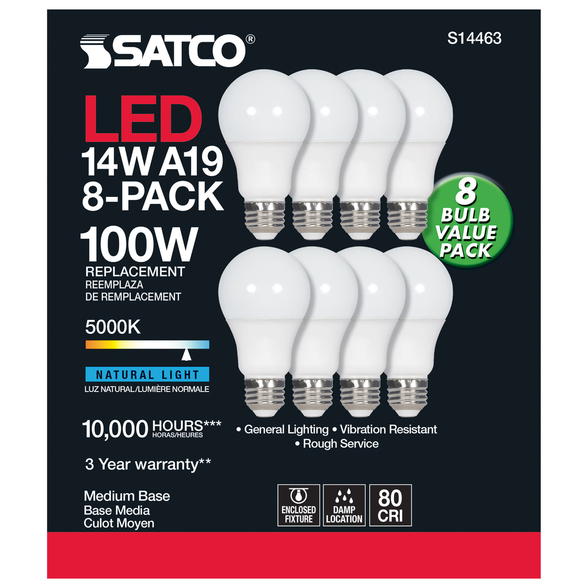 14 Watt A19 LED - 5000K - Non-Dimmable - E26 - 80 CRI - 8-pack