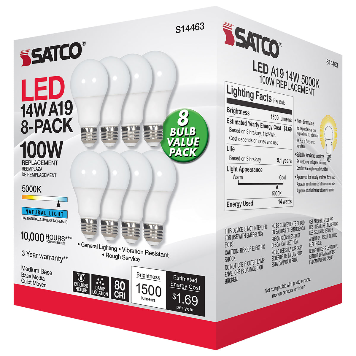 14 Watt A19 LED - 5000K - Non-Dimmable - E26 - 80 CRI - 8-pack