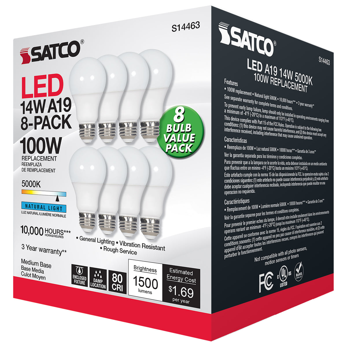 14 Watt A19 LED - 5000K - Non-Dimmable - E26 - 80 CRI - 8-pack