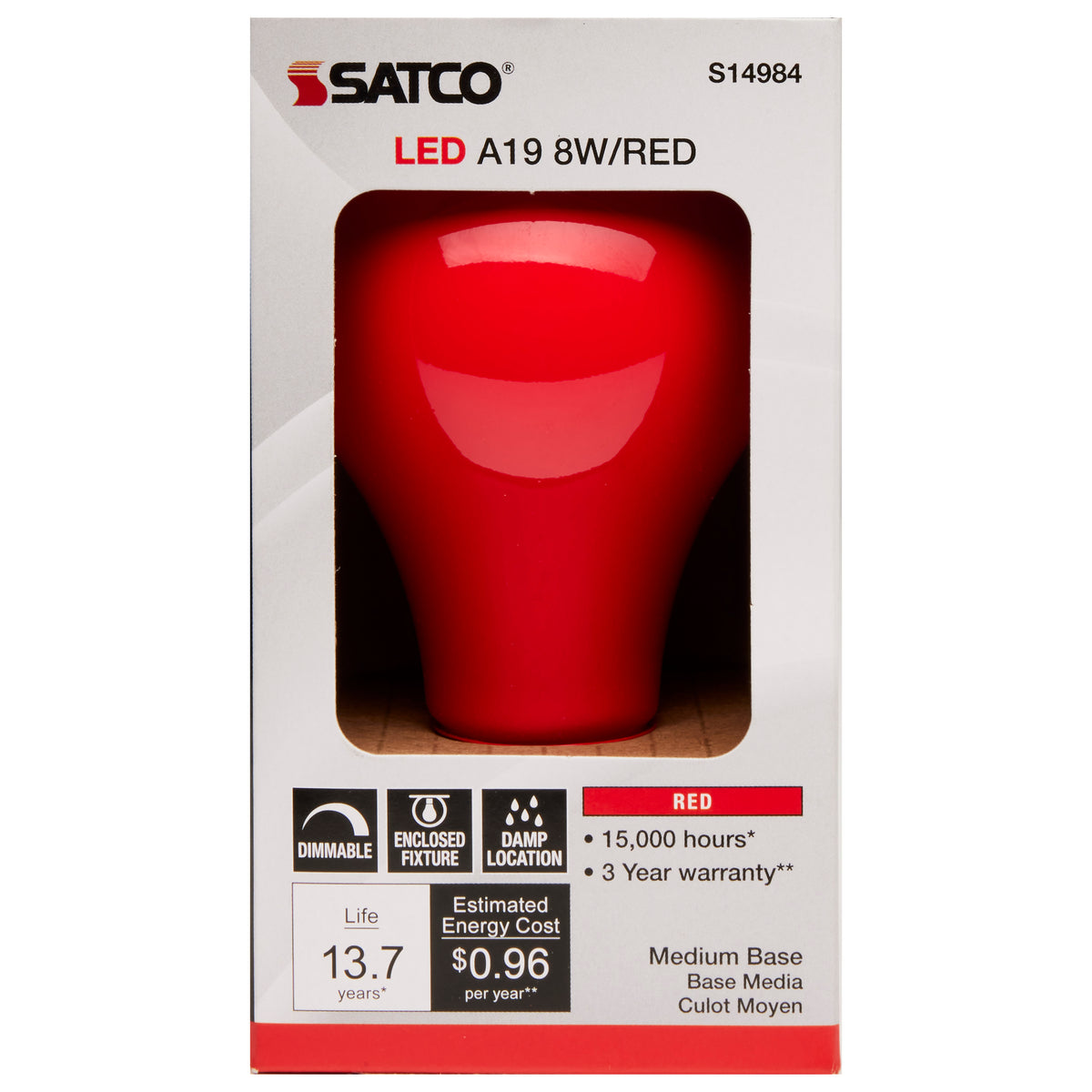 8 Watt A19 LED - Ceramic Red - Medium base - 360 deg. Beam Angle - 120 Volt